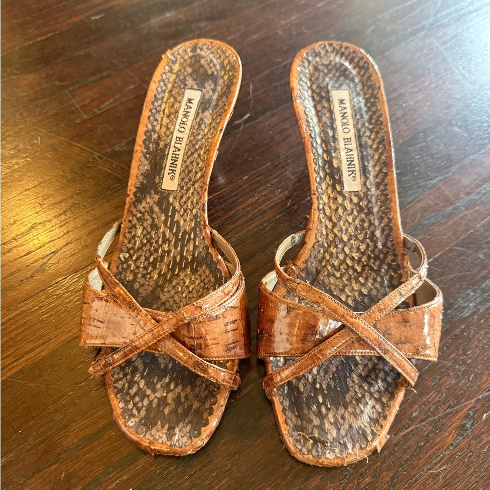 Manolo Blahnik Tan Snakeskin Kitten Heel Sandal - Picture 4 of 4
